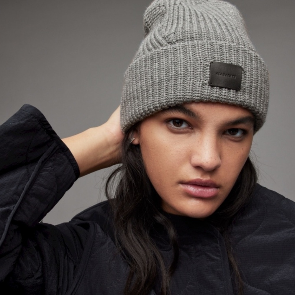 NWT All Saints - Grey Traveling Rib Cuff Knit Beanie/hat